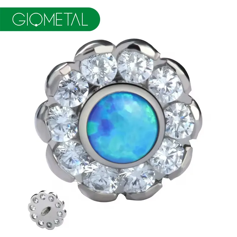 Giometal Titanium Threaded Internally Gemmed and Opal Sunflower End Labret Tragus Daith Ear Piercing fashion jewelry Wholesale