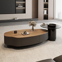 Table basse avec plateau en bois massif et structure en métal, table d'appoint avec plateau en verre, espace de rangement pour petit appartement, salon