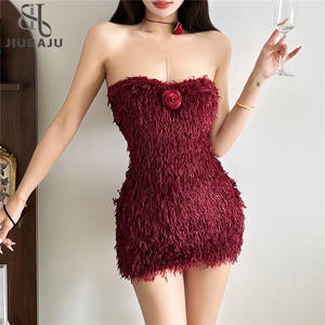 فساتين قصيرة أنيقة بزهور ثلاثية الأبعاد وفرو للشتاء والربيع، فستان سهرة قصير مثير بدون حمالات - Product Image 1