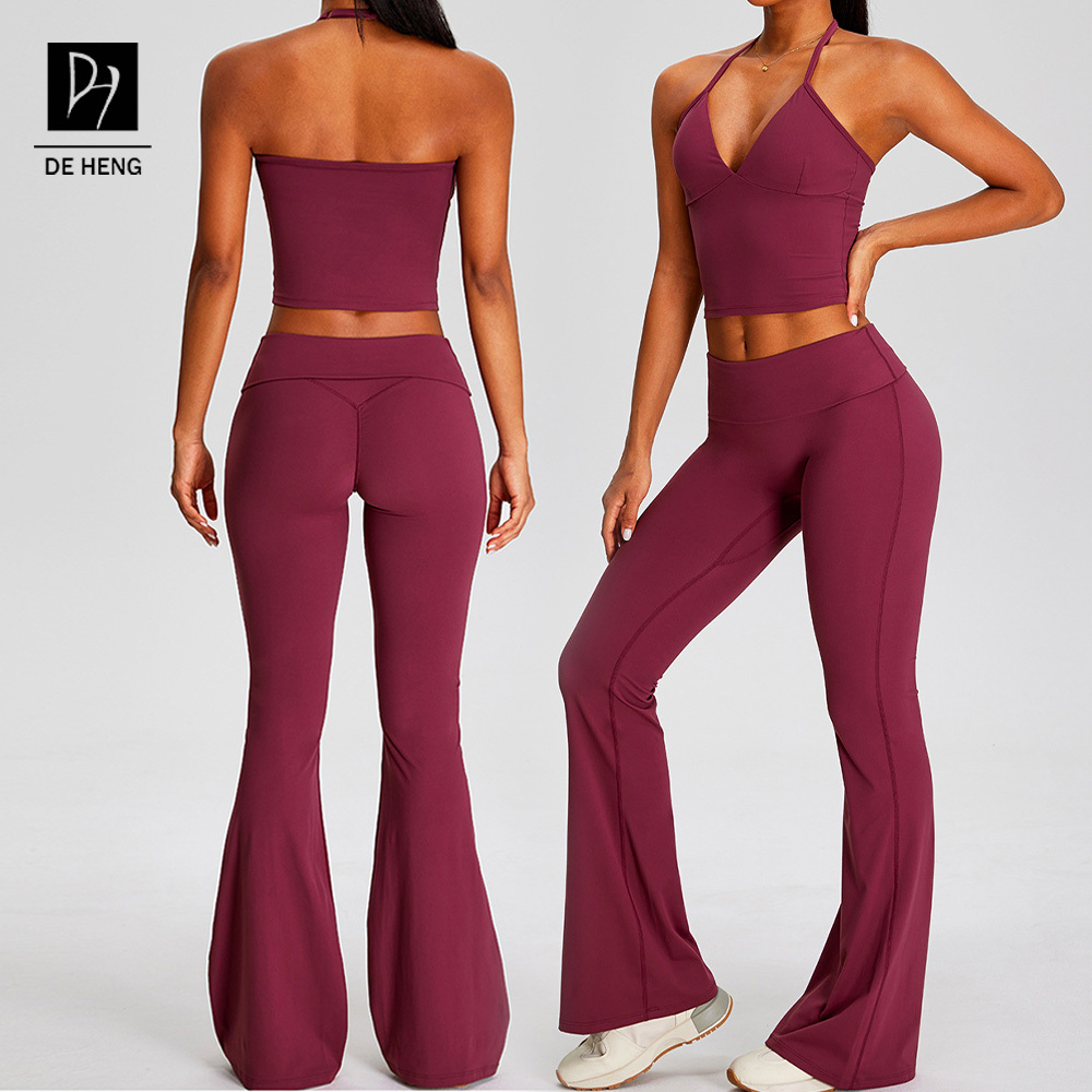 2026 New Women's Casual Sports Set Adjustable Halter Strap Fitness Bra Hip Lifting Flare Pants Yoga 2-Piece Sets