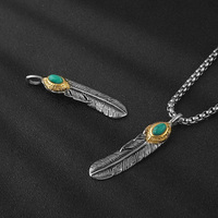 Pendentif en plume avec pierre turquoise, argent tibétain plaqué or, style bohème, charme unisexe, pendentif en acier inoxydable