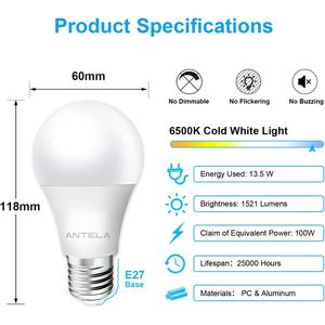 Lampadina LED Antela E27 13,5W 6500K Bianco Freddo 1521LM Lampada a Risparmio Energetico Alto CRI 80+ in Plastica per Casa e Cucina - Product Image 3