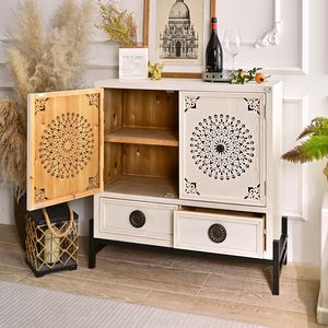 INNOVA Living Room Home Bar <b>Storage</b> Cabinet White Wooden Accent Sideboard 2 <b>Drawers</b> Modern Elegant Flower Carving Apartment Use - Product Image 4