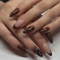 Kuku Palsu Stiletto Coklat Motif Leopard Seni Hewan Berani untuk Pesta Klub Malam Kuku Palsu Liar Manikur Fashion 4545