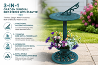 Bain d'oiseaux Verdigris Sundial avec base de jardinière, en résine écologique résistante aux intempéries, style Art Déco, piédestal extérieur pour oiseaux sauvages