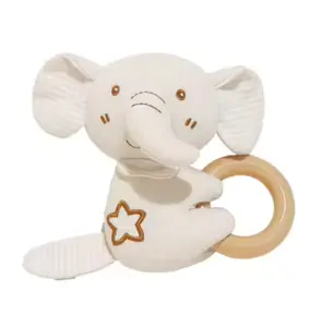 Cartoon Organic Cotton Fabric Baby Rattle and Squeaky Stick Baby Toy Animal Rattle Newbornshower Gift Classic Wooden Ring Toy