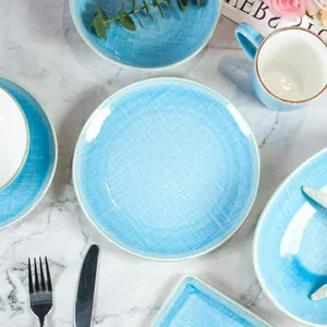 Handmade Porcelain Plates And Bowls Set Wholesale Nordic Blue Kitchenware Dishes Set Ceramic Dinnerware Set For Restaurant Home