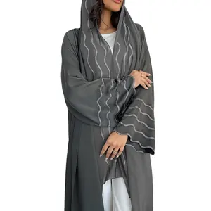 Liso negro púrpura gris color agua onda bordado patrón brazalete Dubai EAU mujeres musulmanas abaya con hijab