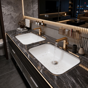 Meuble-lavabo de salle de bain en bois massif de luxe léger avec vasque intégrée et miroir intelligent à LED pour appartement - Product Image 4