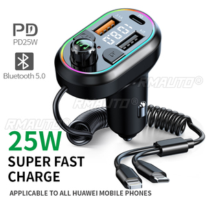 Car Bluetooth 5.0 FM <b>Transmitter</b> <b>Wireless</b> Audio Receiver Car MP3 Player 25W PD Fast Charge With Apple Type-C Port Charging Cable - Product Image 1