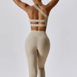 Custom Brand Single Strap Caged Back Crop Top female fitness wear Workout Clothing Oblique Shoulder Bra V Waist Yoga Legging set
