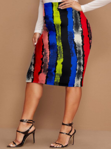 Falda Lápiz Ajustada Elástica de Cintura Alta con Rayas de Graffiti Multicolor para Mujer - Falda Artística Audaz con Rayas Verticales hasta la Rodilla - Product Image 1