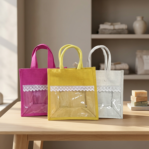 Open Closure Jute Tote <b>Bag</b> (16x14x5) in for <b>Yellow</b> White with Lace and Clear Pocket - Product Image 2