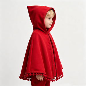 <span class=keywords><strong>Capa</strong></span> con Capucha para Niños, Color Rojo Sólido, con Adorno de Pompones, Disfraz de <span class=keywords><strong>Caperucita</strong></span> <span class=keywords><strong>Roja</strong></span> - Product Image 2