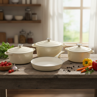 Batterie de cuisine en fonte émaillée Joho, comprenant un faitout, une cocotte et une poêle, couleur crème, pour la cuisson, vente en gros, OEM, ODM, fournisseur en gros