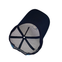 Conception personnalisée logo 5 Panneaux Casquette de camionneur Pays australien Rayures latérales Profil haut Snap Mesh Hat Navy Brodé Casquette de camionneur