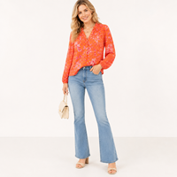 Chemisier à manches longues pour femme, noir, fleurs orange, bureau, travail, décontracté, chic, élégant, printemps/été 2026