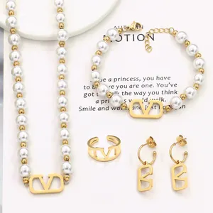 New Arrival 18K Gold Plated Stainless Steel Designer Jewelry Famous Brands Luxury Pearl Jewelry Set for Women