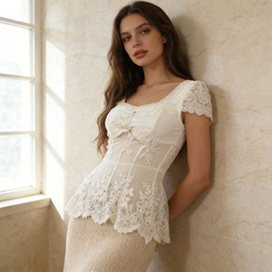 Blusa de Estilo Francés para Mujer, Estilo Dulce, Cuello Cuadrado, Manga Corta, con Volantes, Elegante, Informal, para Fiesta, Verano, Transpirable, de Poliéster - Product Image 3