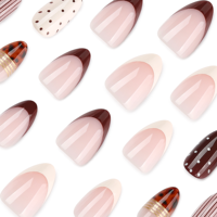 Faux ongles à presser Marron Nude, motifs variés, French Manucure, rayures, pois, brillants, pour salon de manucure, vente en gros et au détail 4560
