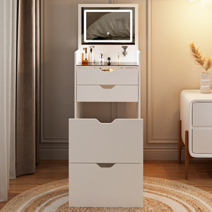 Modern Wood 3-in-1 Multifunctional <b>Dressing</b> <b>Table</b> <b>Stool</b> Set Three-color Lighting Modes HD Mirror Two Sliding Drawers Hidden - Product Image 3