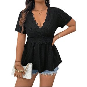 Top de punto de poliéster suave con cuello en V y peplum de encaje para mujer, talla grande, manga corta, informal, de verano - Product Image 3