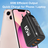 Cargador USB Tipo C de Carga Rápida GaN de 65 W, Adaptador Compatible con PD y QC3.0, Salida de 5 A, Cargador de Pared ABS para Computadora Portátil y Teléfono, Entrada de 9 V/2 A