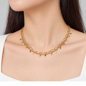 Collar de Cadena en Capas de Acero Inoxidable con Perlas de Imitación, Chapado al Vacío en Oro de 14K, Ajustable, Doble Hilo - Product Image 5