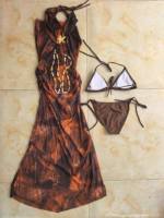 Ensemble 3 pièces maillot de bain et robe longue pour femme, motif chaînes, détails à nouer, coupe ajustée, style modeste, cache-maillot de plage S-L