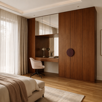 Armoire intégrée sur mesure en placage de noyer, style moderne et luxueux, avec coiffeuse miroir, placard de chambre pleine hauteur