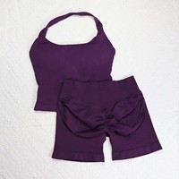 Set Pakaian Yoga Seamless Logo Kustom HIGH WAIST Pakaian Olahraga Wanita Atasan Halter Crop Top dan Celana Pendek Dua Potong Dengan Bantalan Dada
