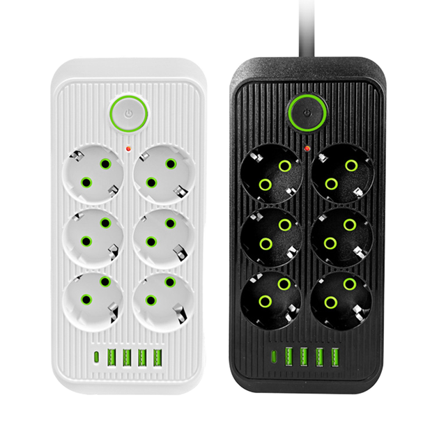 Customized 6.6FT Extension Cord EU Power Strip 6 AC Outlets 4 USB-A Ports 10A Surge Protector ABS Outlet Extender Sockets