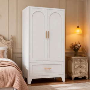 60" Tall Modern Metal <b>Wardrobe</b> Cabinet with 2 Drawers and <b>Hanging</b> Rod Doors for Bedroom (White) - Product Image 1