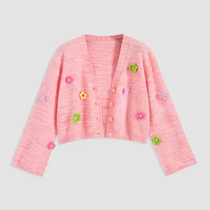 GDTEX Logo personnalisé Cardigan en tricot décontracté surdimensionné pour dames rose avec boutons rayures irrégulières broderie florale tricot uni