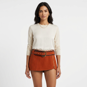 Women Genuine Leather High Waist Mini Skirt Vintage Solid Color Zipper Front <b>Belt</b> Straight Design Minimalist All Seasons - Product Image 1
