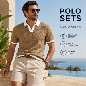 Ensembles de polos pour homme, ensemble polo et short en tricot, texture chevron, col ouvert, tenue décontractée élégante, tenue de golf haut de gamme - Product Image 1