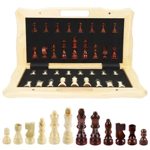 39.4cm 15.5inch Ebony Maple Wooden Chessboard Chess Board 7.8cm 3inch 34 Chess Pieces Wooden Magnetic Folding Flocking Chess Set
