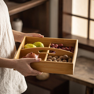 Bamboo <b>tea</b> and snack <b>tray</b>, fruit and vegetable storage box, Chinese-style divided dried fruit <b>tray</b>, <b>tea</b> room snack box, fruit - Product Image 3
