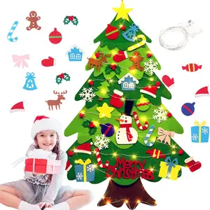 Árvore de feltro diy, árvore de feltro educacional de pendurar na parede, árvore de natal com 32 toppers, decorações de natal e corda de luz