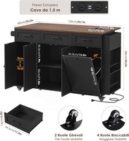 Chariot de cuisine noir avec système de recyclage, chariot de cuisine en fibre plastique avec système de recyclage, fibre plastique sur roulettes