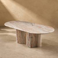 Table à manger ovale moderne en marbre naturel avec base en piédestal côtelé, utilisation haut de gamme pour hôtel, taille personnalisée