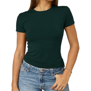 T-shirt décontracté pour femme en jersey de coton vert foncé à col en V et manches courtes, coupe classique, écologique, couleur unie, respirant, toutes saisons - Product Image 1