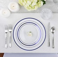 Assiettes de fête en plastique, bord blanc et bleu, jetables, 7,5/10,25 pouces, dessert, apéritif, élégantes, fantaisie, résistantes, assiettes de mariage