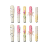 Ensembles d'ongles à presser faits main 10 pièces, style Y2K carré, ivoire pastel, motif bulle, tulipe en relief et ruban