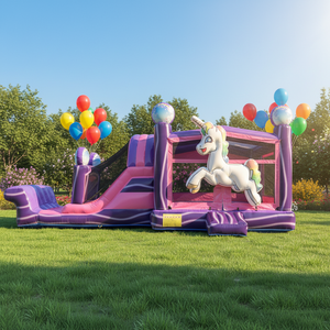 Structure gonflable commerciale licorne arc-en-ciel rose et violette avec toboggan pour fêtes d'enfants et locations - Product Image 1