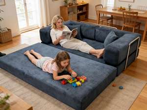 Divano Modulare in Corduroy a Righe Larghe Indigo con Gambe Vuote Argento, Certificato ISO, per Ordini all'Ingrosso, Ideale per Lobby di Negozi di Dolci - Product Image 1