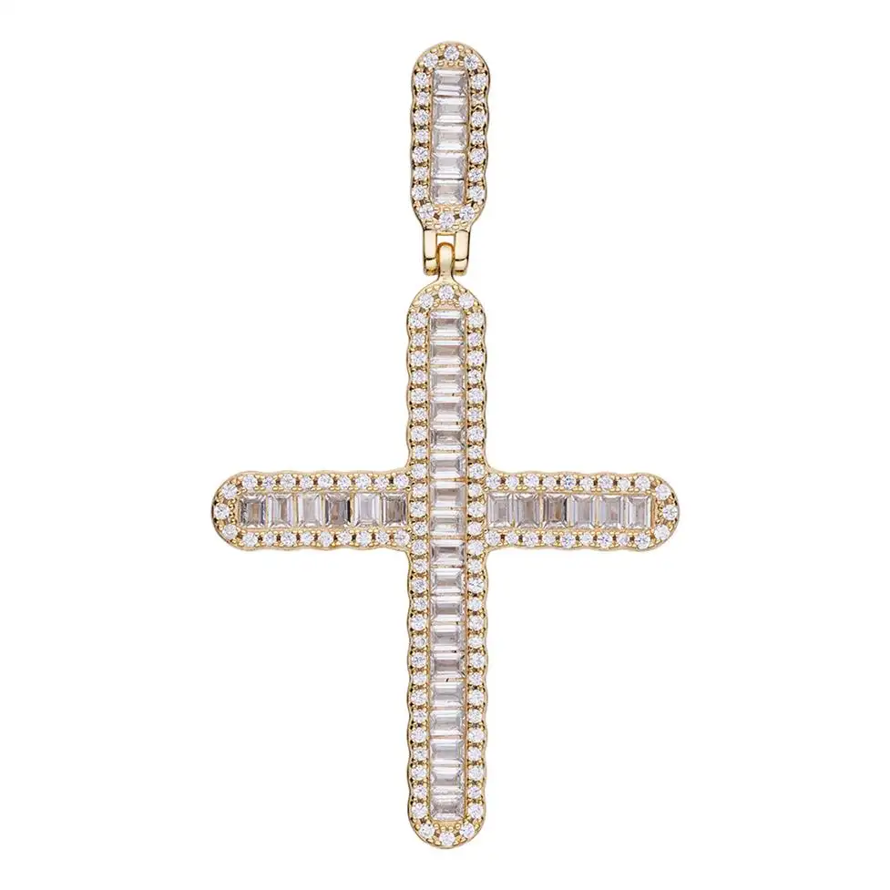Colar de joias vintage de ouro 14K genuína escada de zircônia cúbica quadrada pingente de diamantes de platina cruz brilhante