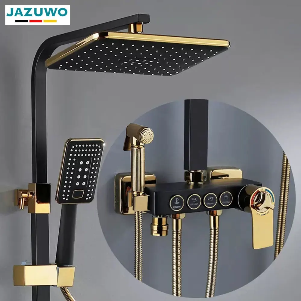 Badkamer Douchesysteem Black Gold Mixer Kraan Warm Koud Badkamer Tap Thermostatische Douche Set