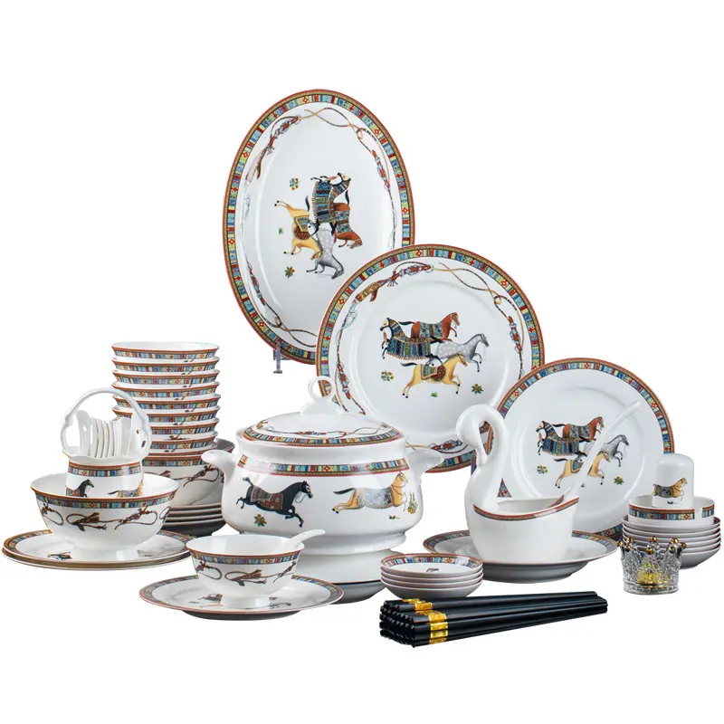 Hot Selling Ceramic Tableware Set 4-6-10 People Bone China Porcelain Plate Bowl for Dinnerware Gift