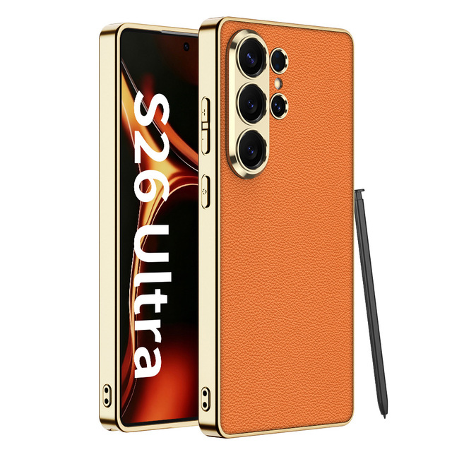 Shockproof Plating Soft TPU Lychee Pattern Leather Veneer Phone Case for Samsung Galaxy S26 S25 S24 Ultra S26 Plus Protect Cover
